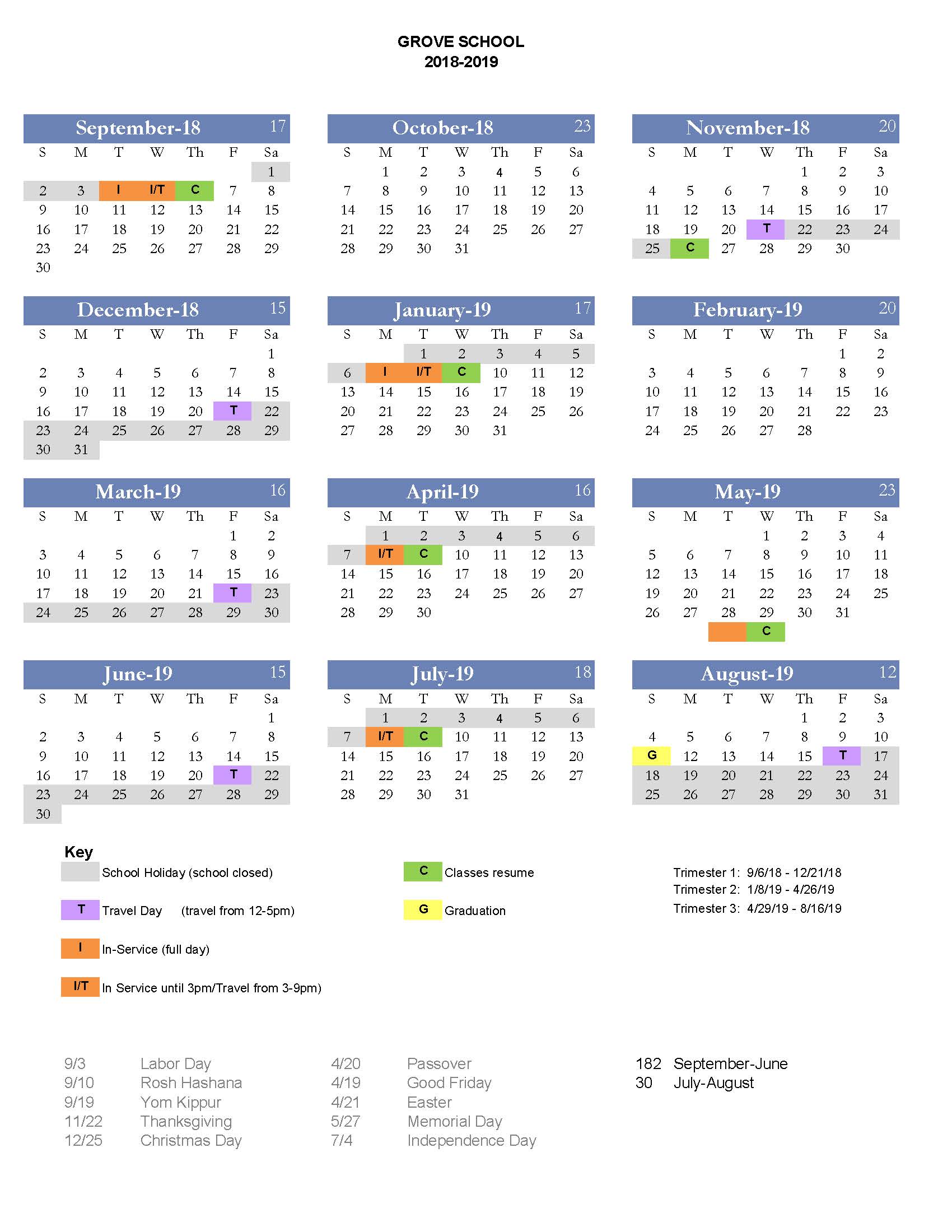 2018 – 2019 Calendar – Grove School